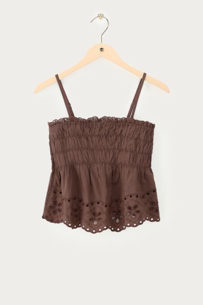 Top smocké marron avec broderie