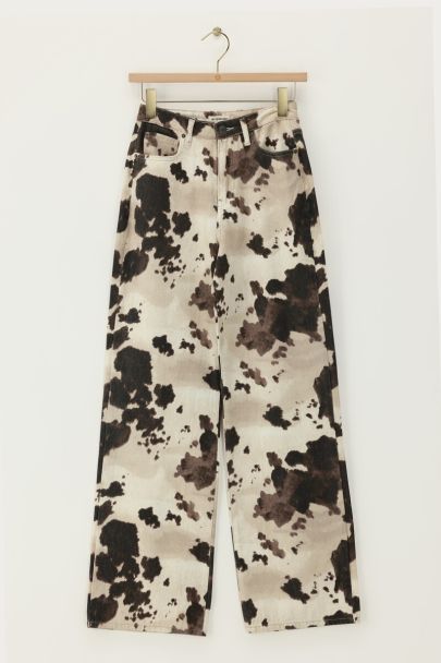 Brown wide leg denim jeans with cow print