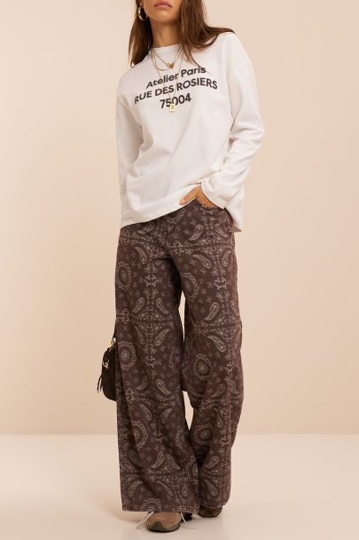 Bruine wide leg jeans met paisley print