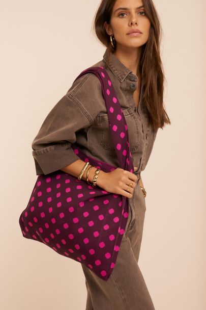 Burgundy groter shopper met roze polkadots