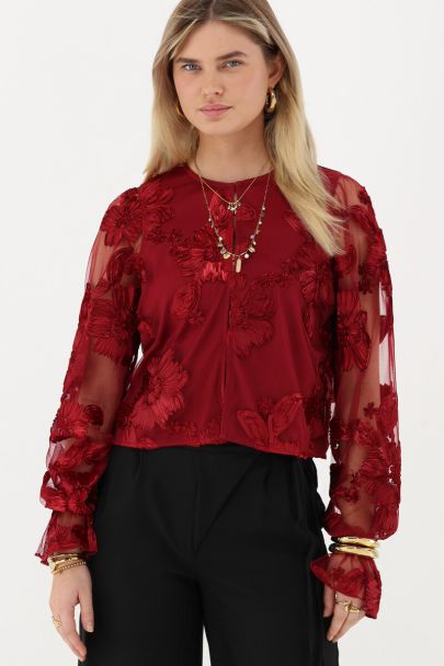 Burgundy mesh top met bloemen en cuff