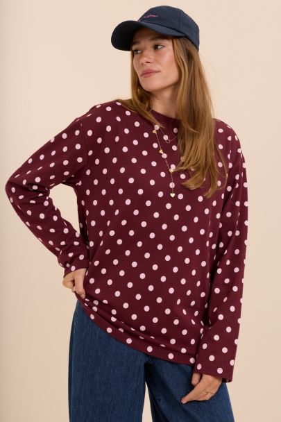 Burgundy T-shirt met lange mouwen en polkadots