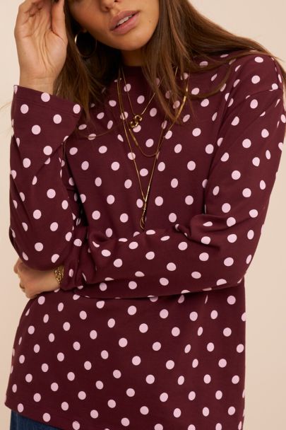 Burgundy T-shirt met lange mouwen en polkadots