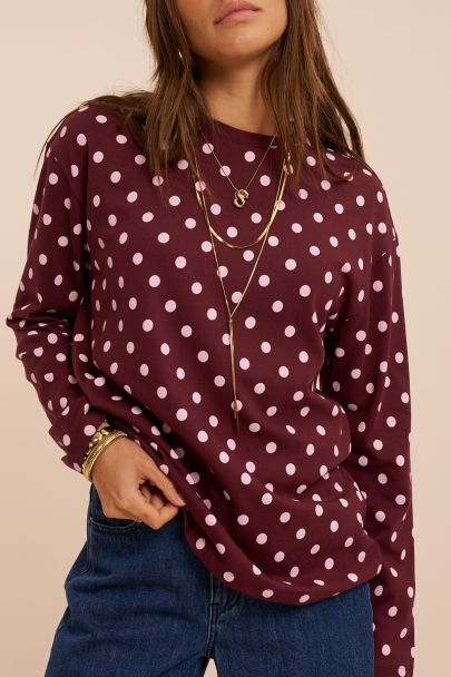 Burgundy T-shirt met lange mouwen en polkadots