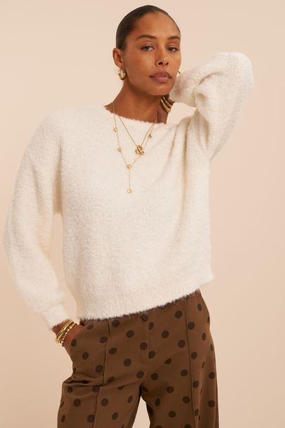 Weißer Oversized Bouclé-Pullover