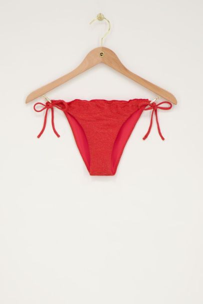Koraal bikini broekje met ruffles en lurex