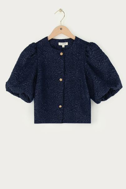 Dunkelblaues Jacquard-Top mit Rosen