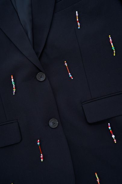 Dark blue blazer with multicoloured beaded fringes