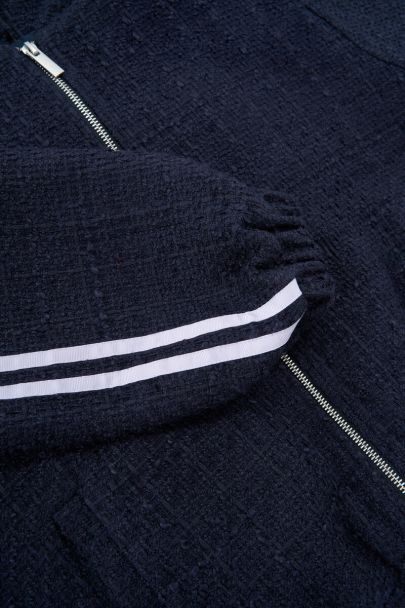 Donkerblauwe bouclé bomber met tapes