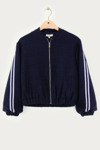 Donkerblauwe bouclé bomber met tapes