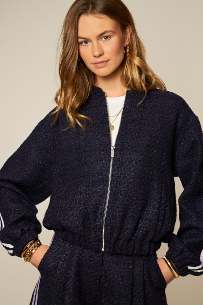 Dark blue bouclé bomber with side stripes