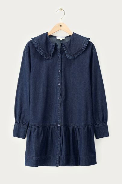 Donkerblauwe denim jurk met ruffle
