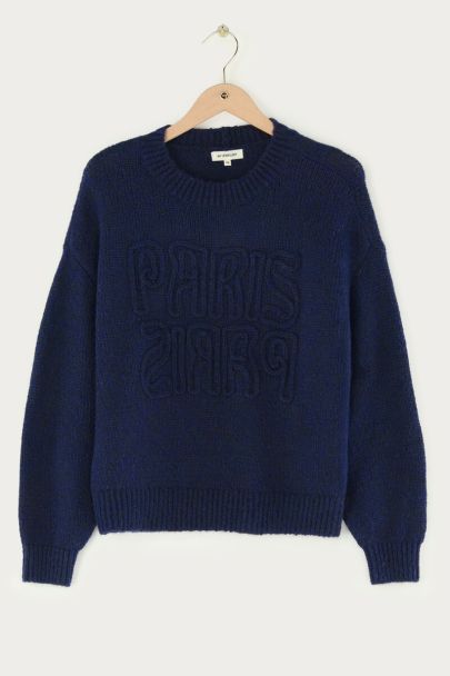 Donkerblauwe embroidery sweater "Paris Paris"