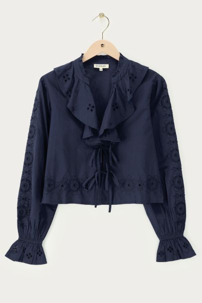 Dark blue embroidery top with v-neck and bows