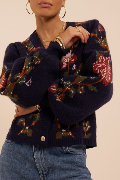 Dark blue jacquard cardigan with flower buttons