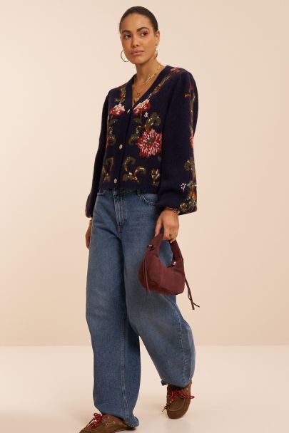Dark blue jacquard cardigan with flower buttons