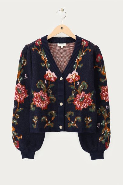 Dunkelblaue Jacquard-Strickjacke mit Blumenknöpfen