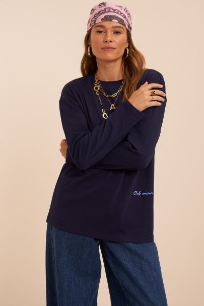 Donkerblauwe longsleeve met paisley backprint