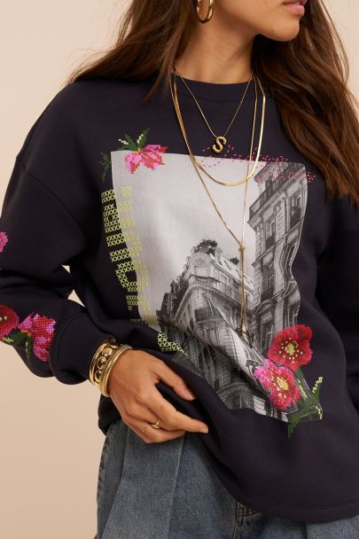 Sweat bleu marine avec fleurs 'Bonjour'