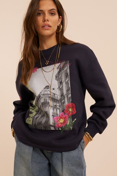 Sweat bleu marine avec fleurs 'Bonjour'