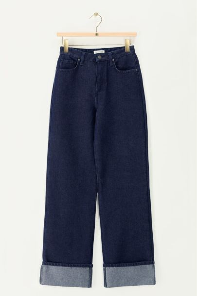 Donkerblauwe turn up wide leg jeans met lurex