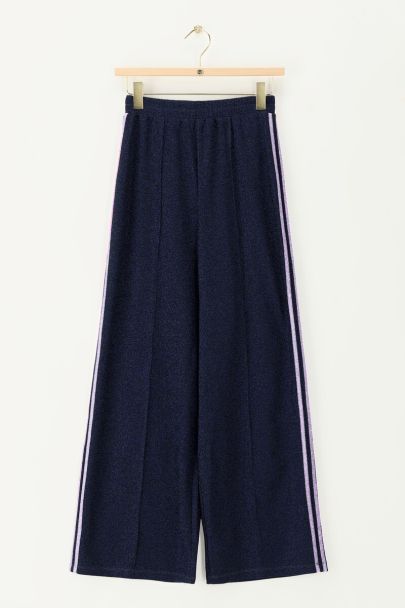 Donkerblauwe wide leg lurex broek met strepen