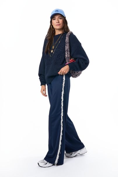 Dark blue wide leg trousers with faux pearls