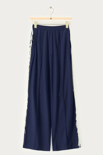 Dark blue wide leg trousers with faux pearls