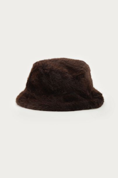 Dunkelbrauner Bucket-Hat aus Kunstfell