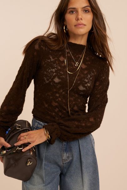Top en dentelle marron fonc&eacute; &agrave; manchettes