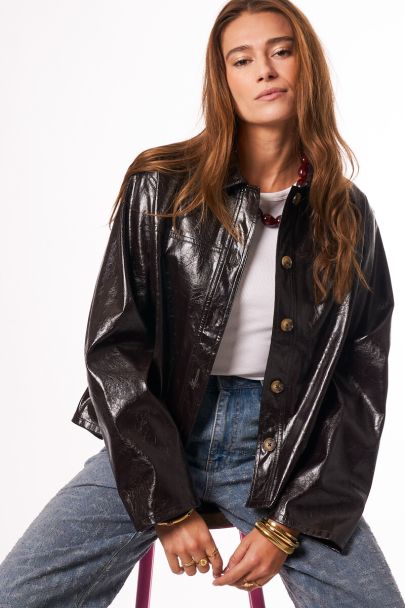 Dark brown PU blouse with buttons