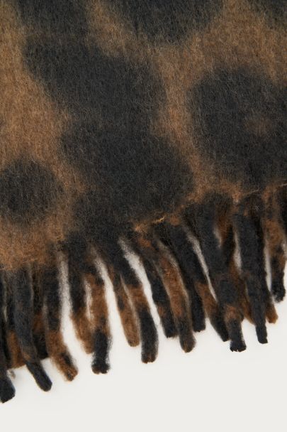 Dark brown scarf with leopard print and fringes