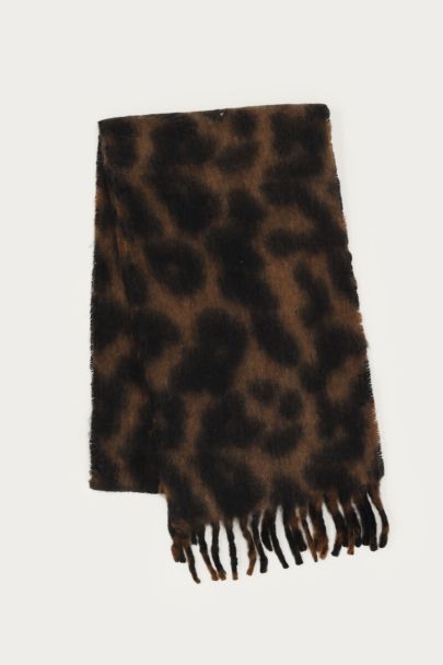Dark brown scarf with leopard print and fringes