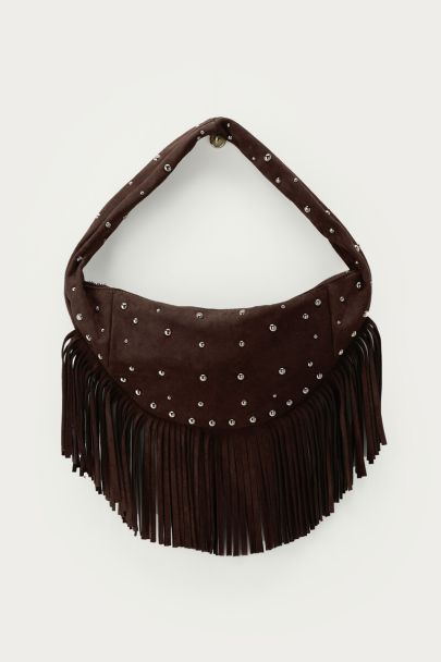 Donkerbruine schoudertas met franjes en studs