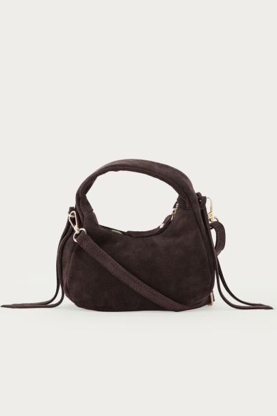 Dark brown suede crescent-shaped bag