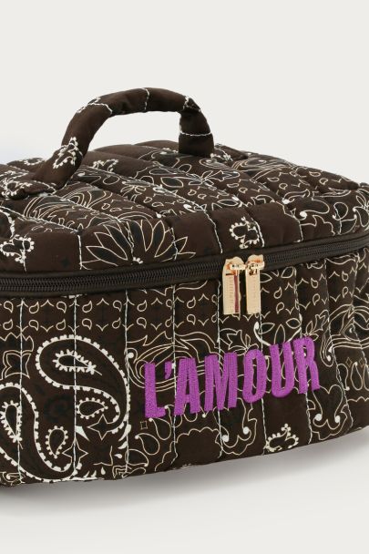 Dark brown toiletry bag with bandana print