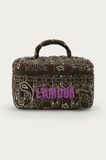 Dark brown toiletry bag with bandana print