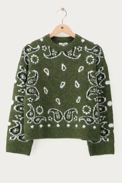 Pull vert foncé duveteux à imprimé paisley