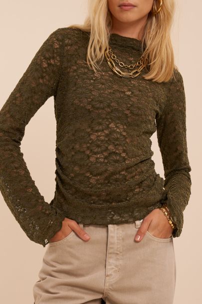 Top effet velours mesh vert fonc&eacute; &agrave; fronces