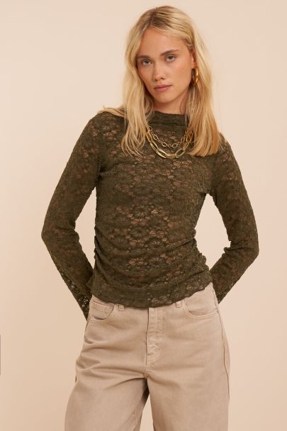 Top effet velours mesh vert fonc&eacute; &agrave; fronces