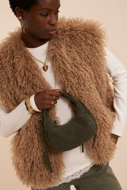 Dark green suede crescent-shaped bag