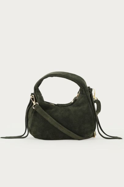 Dark green suede crescent-shaped bag
