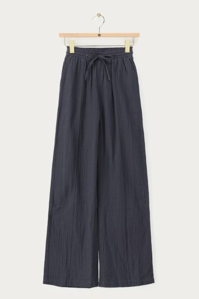 Donkergrijze mousseline wijde broek met pintuck