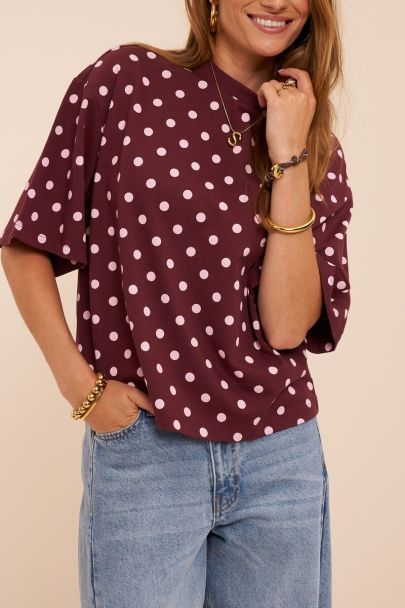 T-shirt boxy rouge fonc&eacute; &agrave; pois