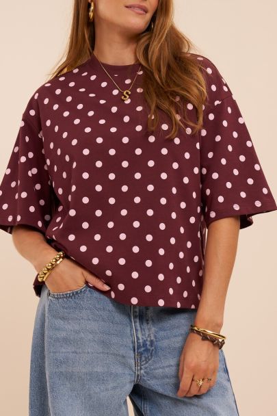 T-shirt boxy rouge fonc&eacute; &agrave; pois