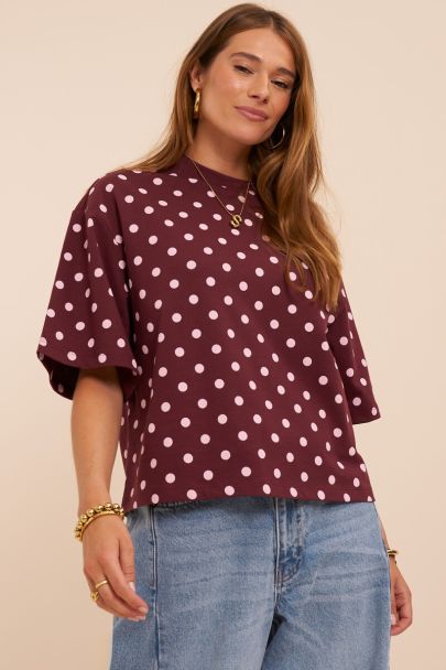 T-shirt boxy rouge fonc&eacute; &agrave; pois