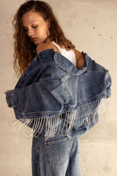 Blauw denim jacket met glitter franjes