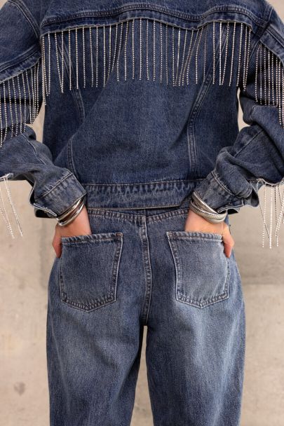 Blauw denim jacket met glitter franjes