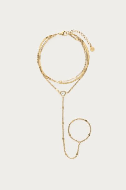 Double hand chain with heart and rhinestone