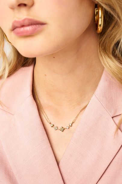 Dubbele ketting met vijf bedels en strass